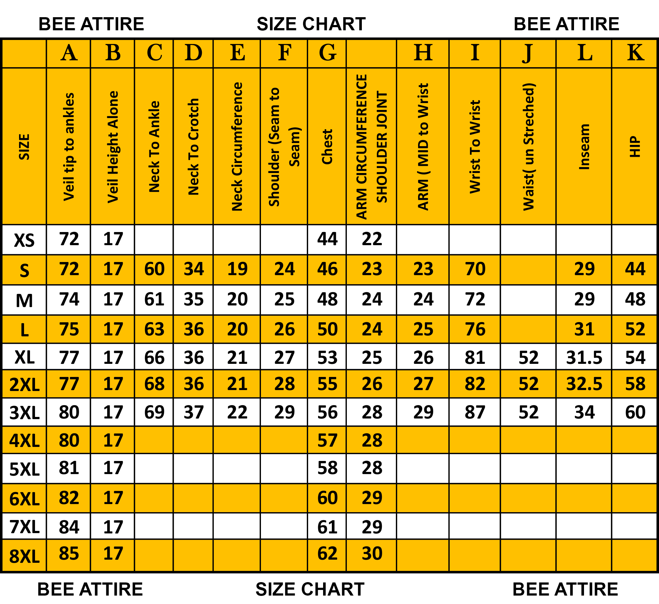 BEEATTIRE SIZE CHART for bee suit